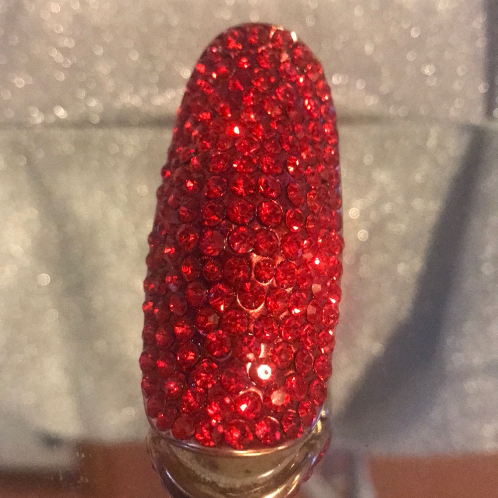 Large Red middle finger rhinestone stretch ring